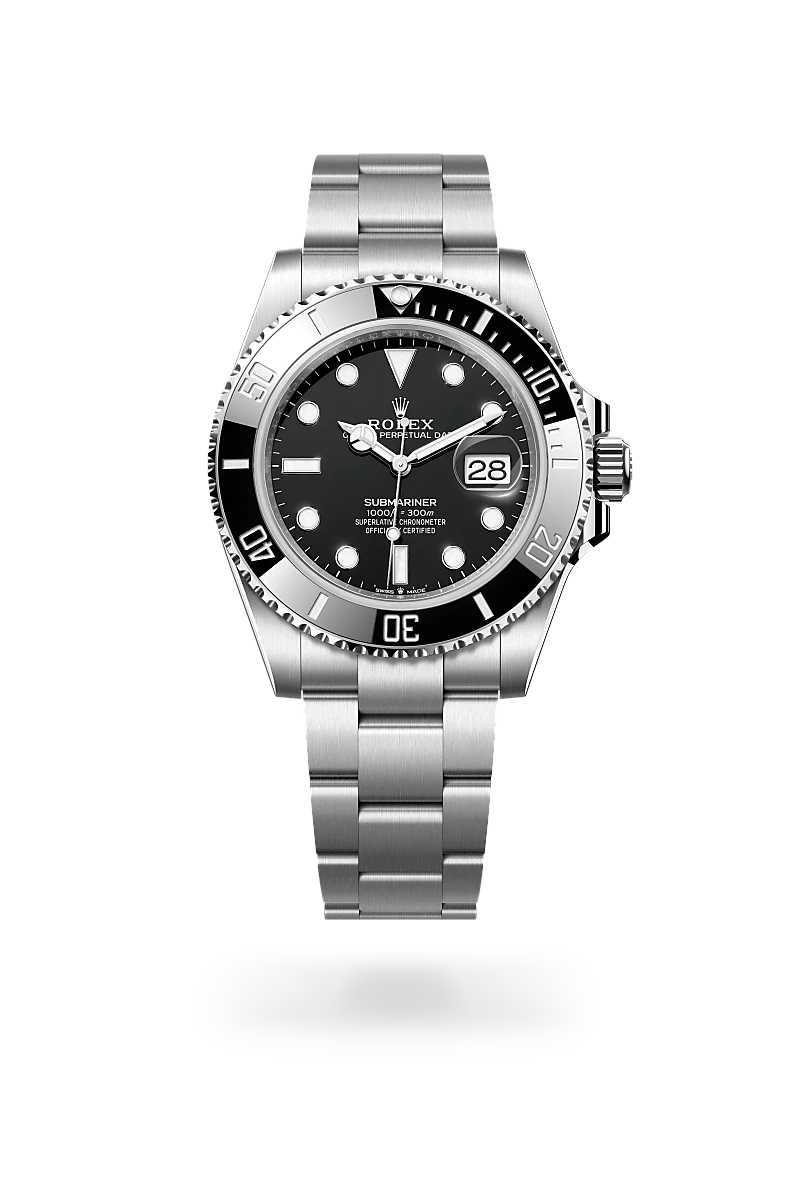 Rolex Submariner Date in Oystersteel with Black dial, Unidirectional rotatable 60-minute graduated, scratch-resistant Cerachrom insert in black ceramic, numerals and graduations coated in platinum bezel, and Oyster, three-piece solid links bracelet