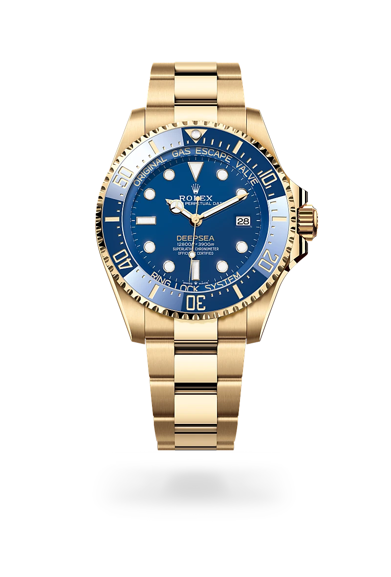 Rolex Rolex Deepsea in 18 ct yellow gold with Blue dial, Unidirectional rotatable 60-minute graduated, scratch-resistant Cerachrom insert in blue ceramic, numerals and graduations coated in gold bezel, and Oyster, three-piece solid links bracelet