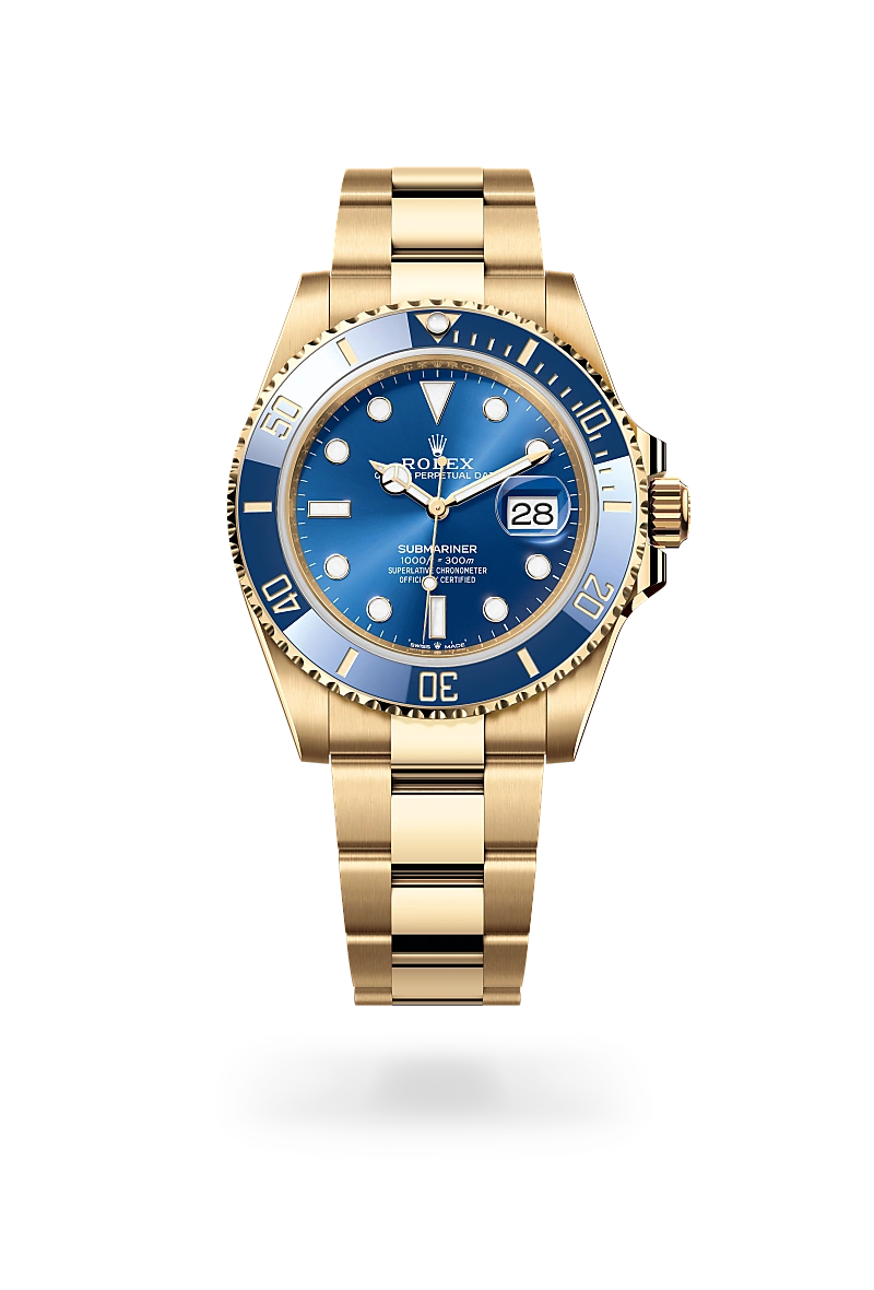 Rolex Submariner Date in 18 ct yellow gold with Royal blue dial, Unidirectional rotatable 60-minute graduated, scratch-resistant Cerachrom insert in blue ceramic, numerals and graduations coated in gold bezel, and Oyster, three-piece solid links bracelet