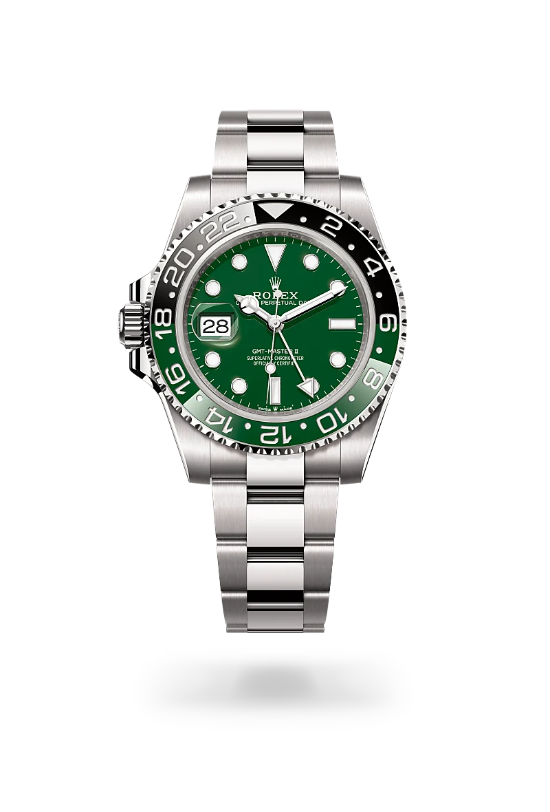 Rolex GMT-Master II in 18K白色黃金 with 綠色陶瓷 dial, 雙向旋轉24小時刻度外圈；綠黑雙色Cerachrom陶質字圈，設鑄模數字及刻度 bezel, and 蠔式（Oyster），三格實心鏈節 bracelet