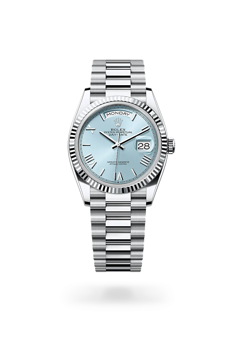 Rolex Day-Date 36 in 鉑金 with 冰藍色 dial, 三角坑紋 bezel, and 元首型（President），三格拱形鏈節 bracelet