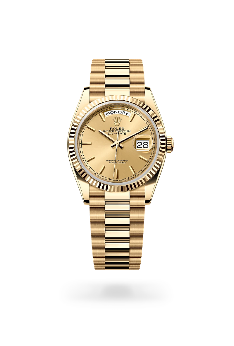 Rolex Day-Date 36 in 18K黃金 with 香檳色 dial, 三角坑紋 bezel, and 元首型（President），三格拱形鏈節 bracelet