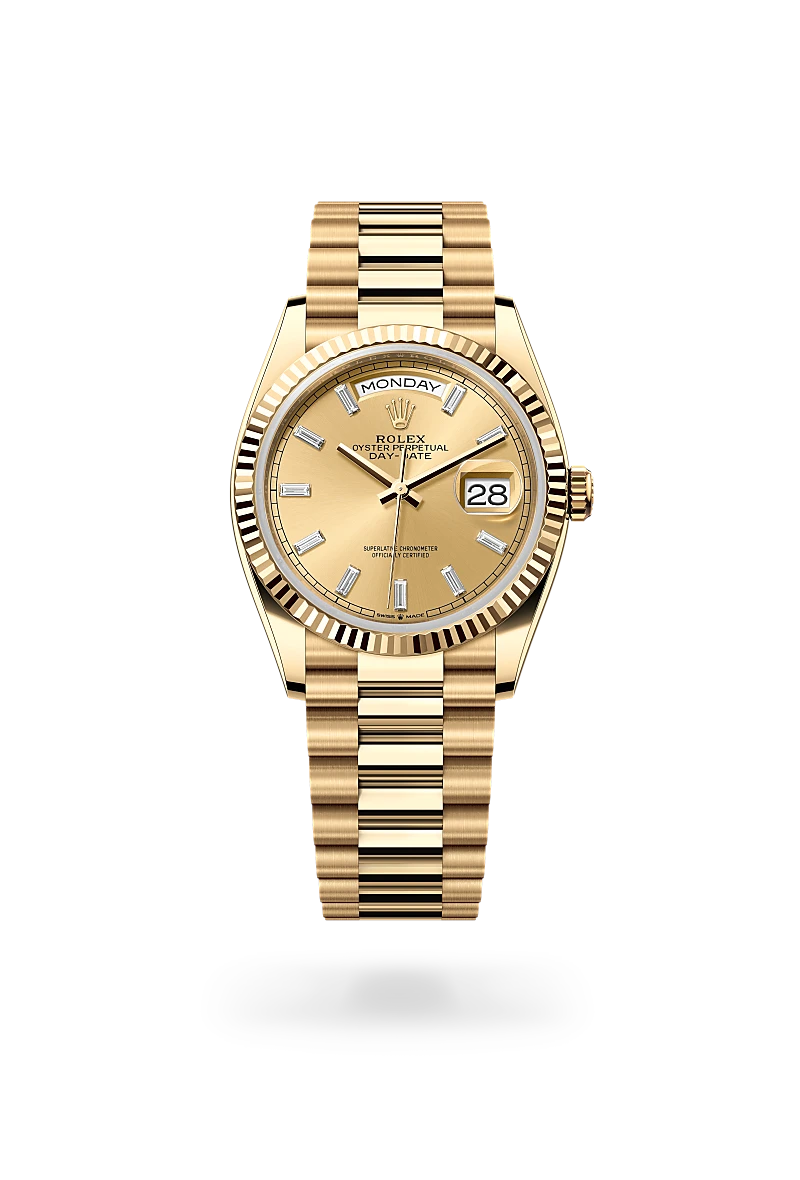 Rolex Day-Date 36 in 18K黃金 with 香檳色，鑲鑽石 dial, 三角坑紋 bezel, and 元首型（President），三格拱形鏈節 bracelet