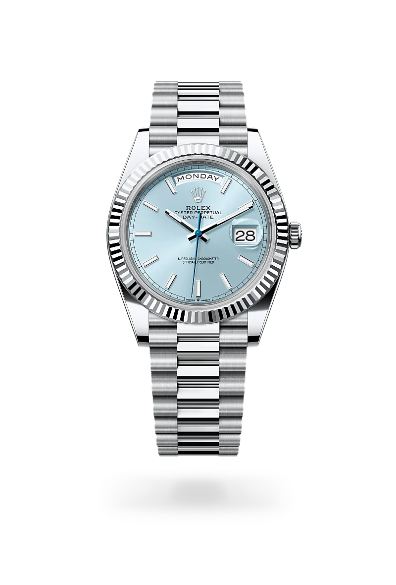 Rolex Day-Date 40 in 鉑金 with 冰藍色 dial, 三角坑紋 bezel, and 元首型（President），三格拱形鏈節 bracelet