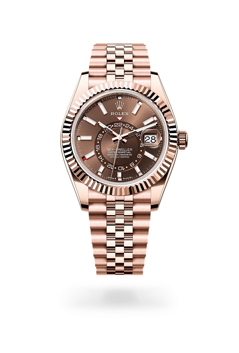 Rolex Sky-Dweller in 18 ct Everose gold with Chocolate dial, Fluted, bidirectional rotatable Rolex Ring Command bezel, and Jubilee, five-piece links bracelet